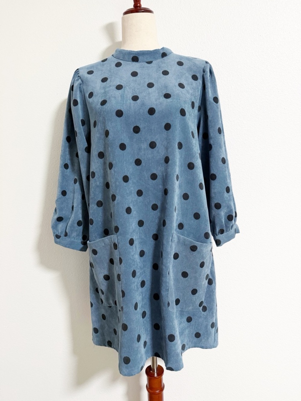 Zara Polka Dot Corduroy Puff Sleeve Shift Dress - Picture 2 of 12